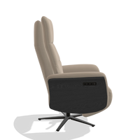 Recliner Atlas 6685 in Leather B911 (sand), black wood side panels, black metal base, side view