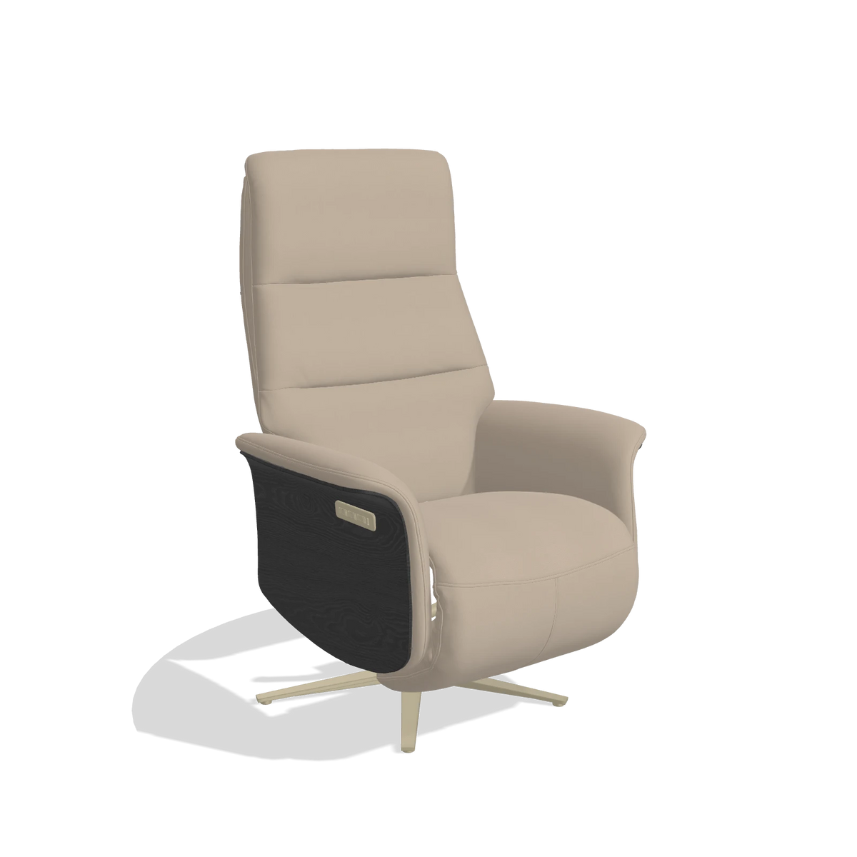 Recliner Atlas 6685 in Leather B911 (sand), black wood side panels, champagne metal base, angled view