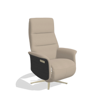 Recliner Atlas 6685 in Leather B911 (sand), black wood side panels, champagne metal base, angled view