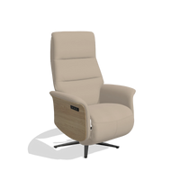 Recliner Atlas 6685 in Leather B911 (sand), natural wood side panels, black metal base, angled view
