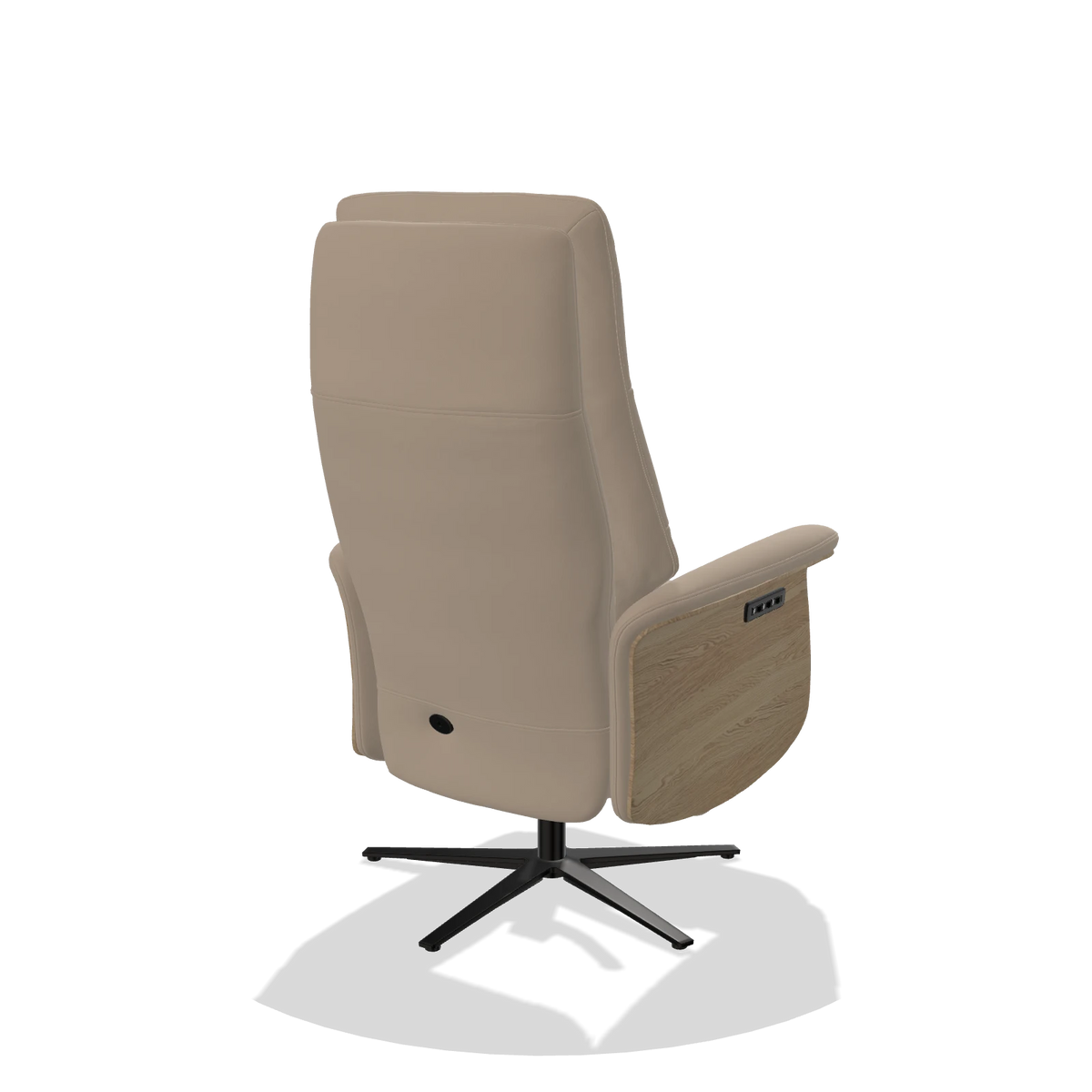 Recliner Atlas 6685 in Leather B911 (sand), natural wood side panels, black metal base, back angled view