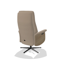 Recliner Atlas 6685 in Leather B911 (sand), natural wood side panels, black metal base, back angled view