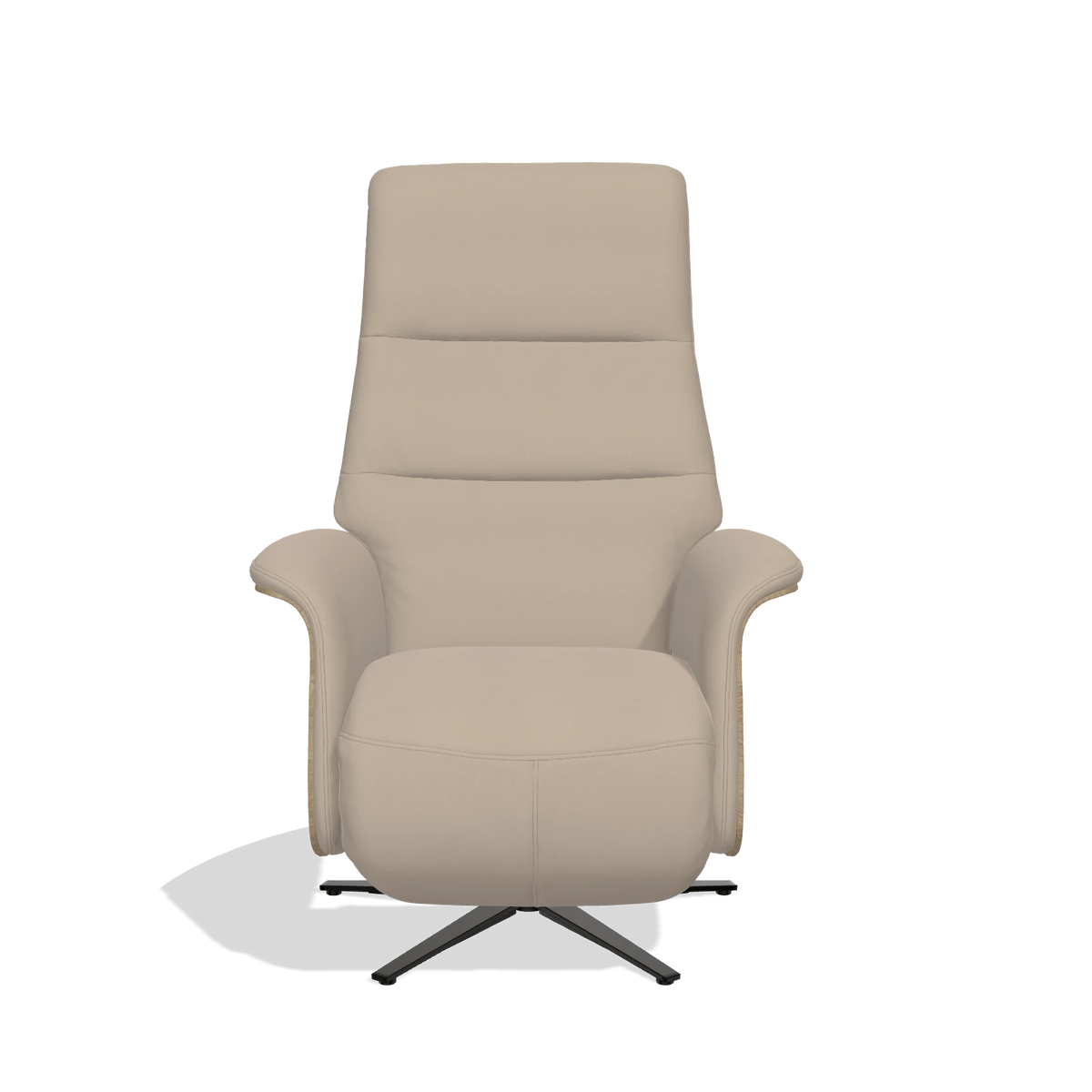 Recliner Atlas 6685 in Leather B911 (sand), natural wood side panels, black metal base, front view