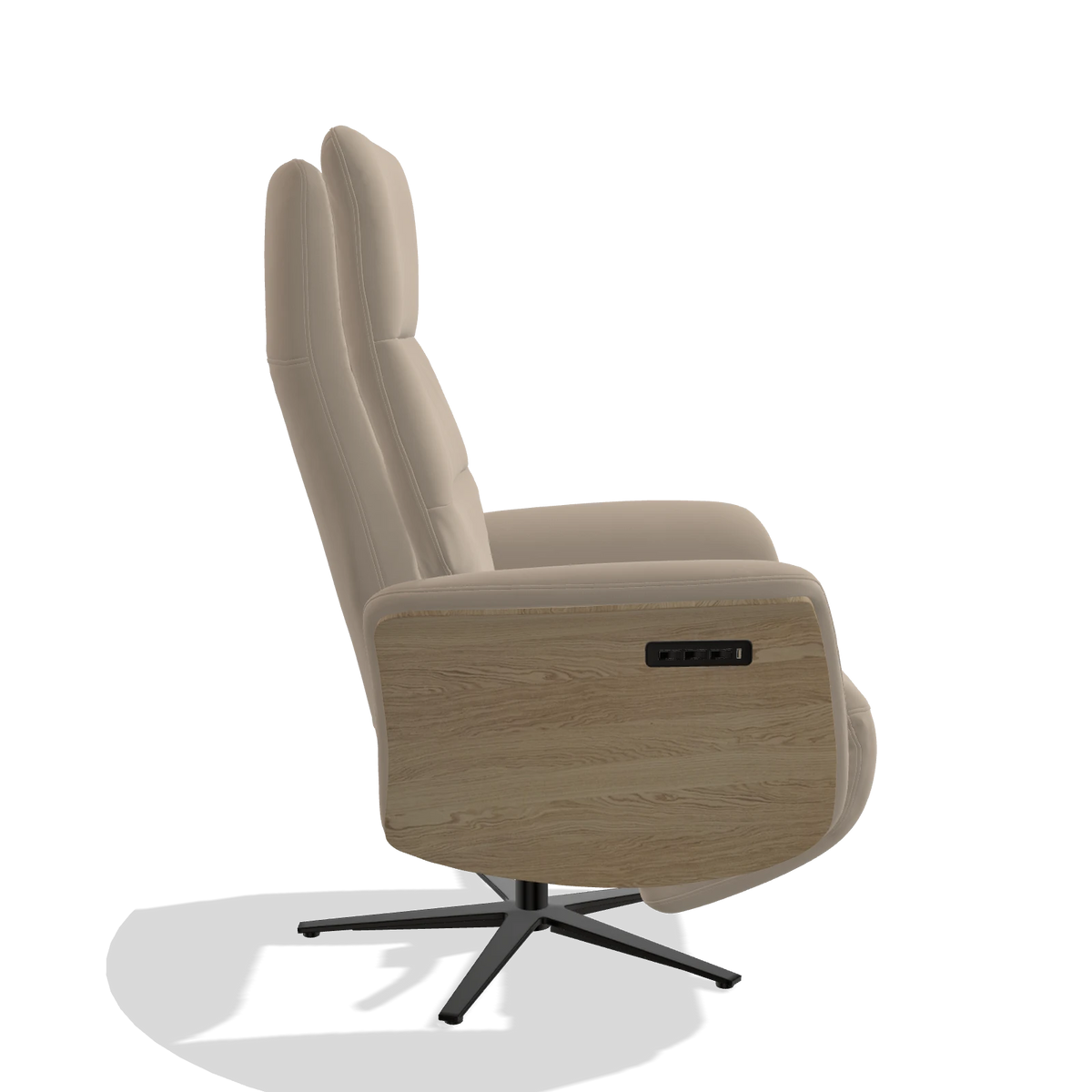 Recliner Atlas 6685 in Leather B911 (sand), natural wood side panels, black metal base, side view