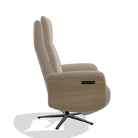 Recliner Atlas 6685 in Leather B911 (sand), natural wood side panels, black metal base, side view