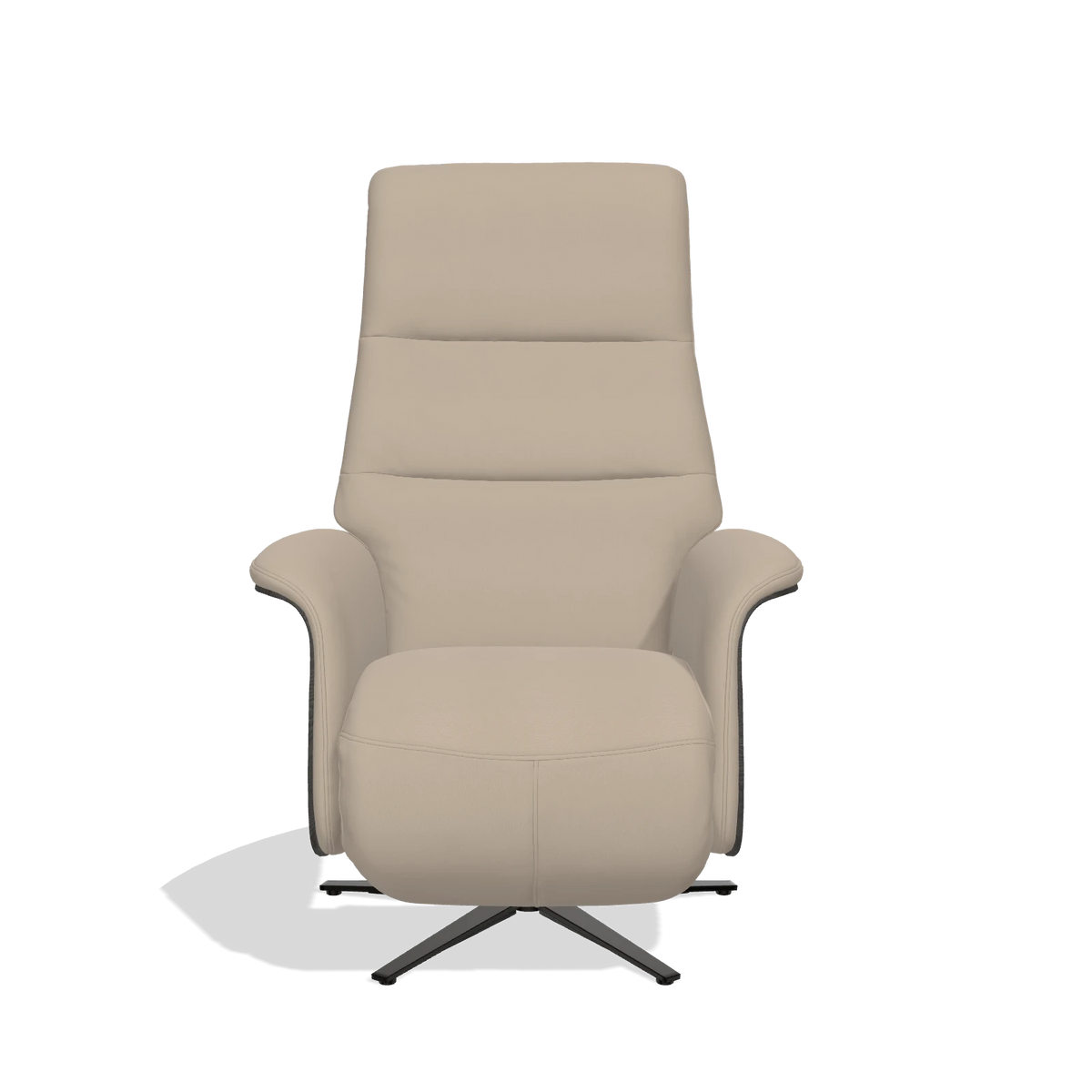 Recliner Atlas 6685 in Leather B911 (sand), tobacco wood side panels, black metal base, front view