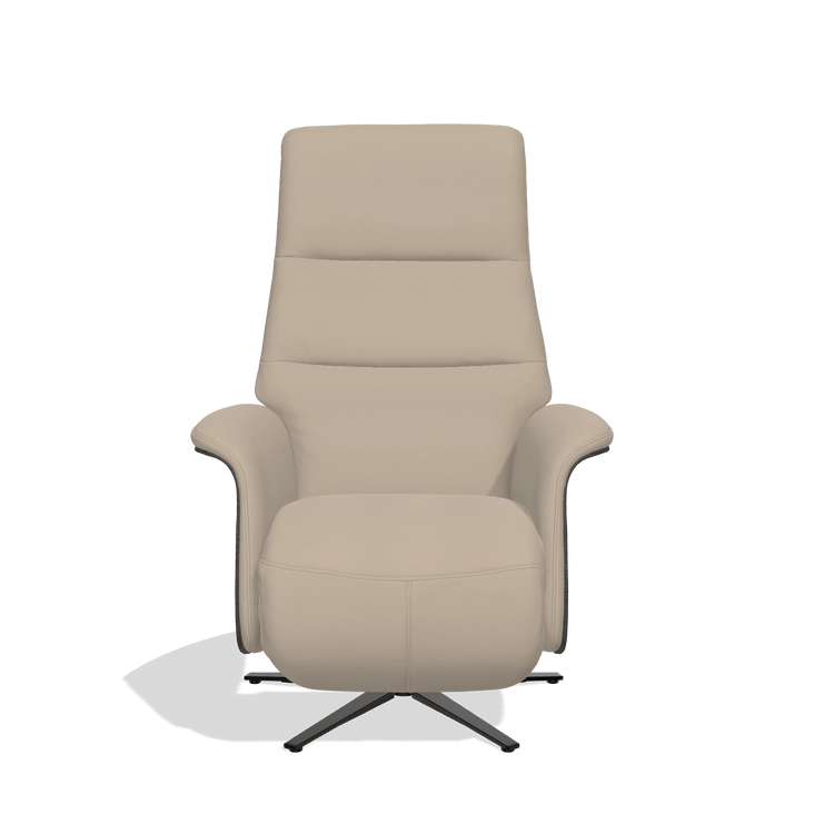 Recliner Atlas 6685 in Leather B911 (sand), tobacco wood side panels, black metal base, front view