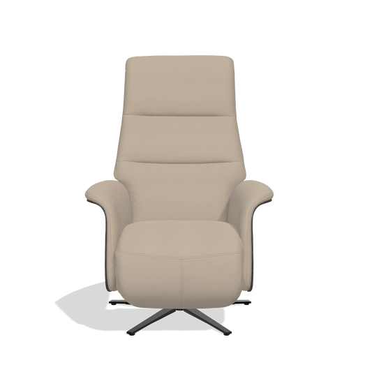 Sillón reclinable Atlas 6685 en Piel B911 (arena), paneles laterales de madera en tabaco, base metálica en negro, vista frontal