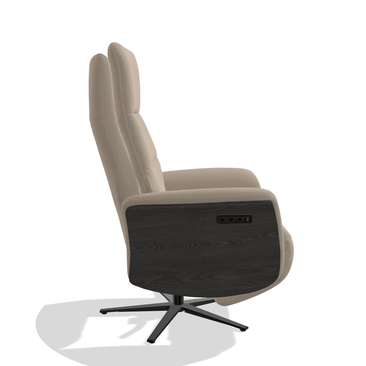 Recliner Atlas 6685 in Leather B911 (sand), tobacco wood side panels, black metal base, side view