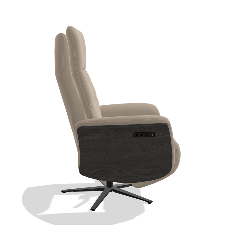 Recliner Atlas 6685 in Leather B911 (sand), tobacco wood side panels, black metal base, side view