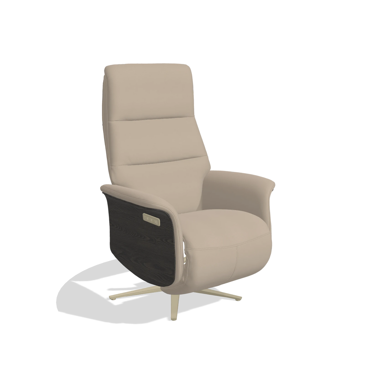 Recliner Atlas 6685 in Leather B911 (sand), tobacco wood side panels, champagne metal base, angled view