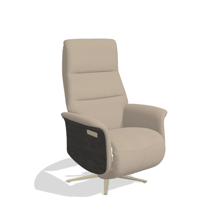 Recliner Atlas 6685 in Leather B911 (sand), tobacco wood side panels, champagne metal base, angled view