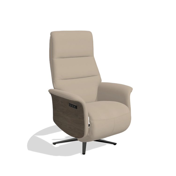 Recliner Atlas 6685 in Leather B911 (sand), walnut wood side panels, black metal base, angled view