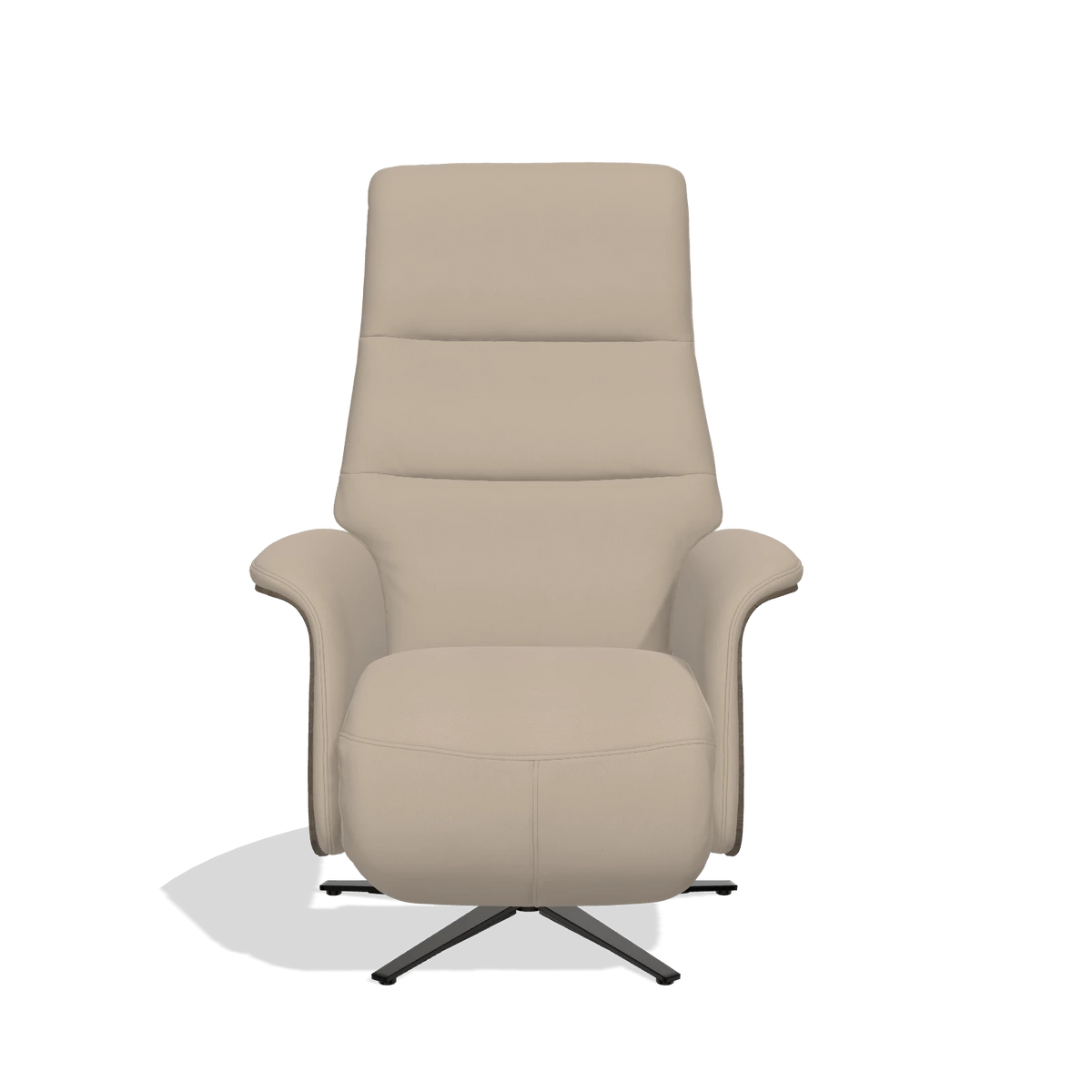 Recliner Atlas 6685 in Leather B911 (sand), walnut wood side panels, black metal base, front view