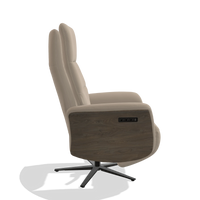 Recliner Atlas 6685 in Leather B911 (sand), walnut wood side panels, black metal base, side view