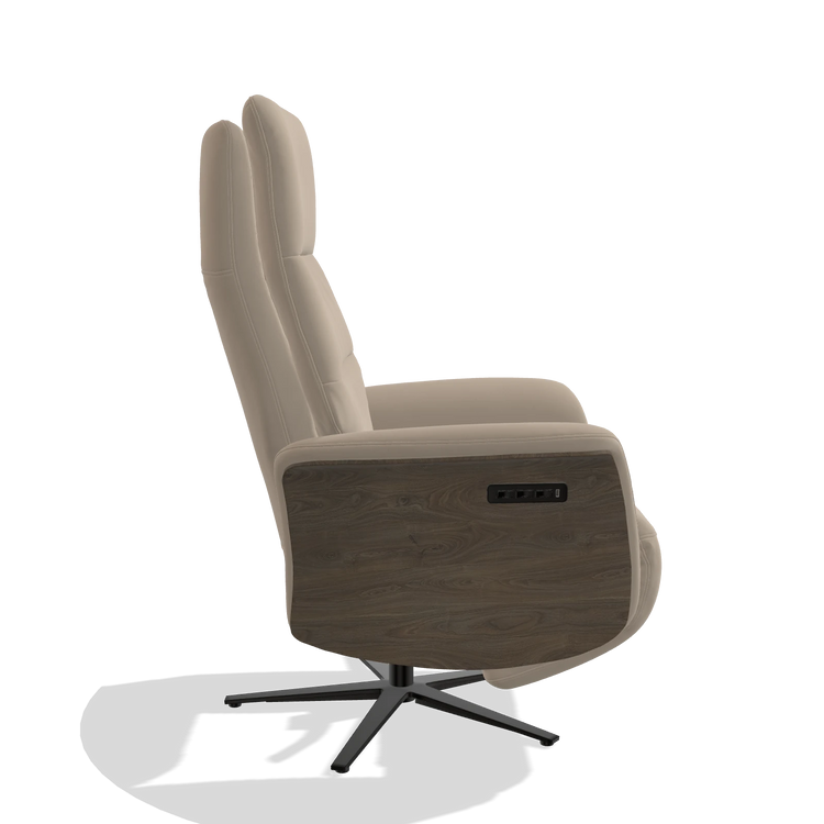 Recliner Atlas 6685 in Leather B911 (sand), walnut wood side panels, black metal base, side view