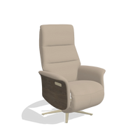 Recliner Atlas 6685 in Leather B911 (sand), walnut wood side panels, champagne metal base, angled view