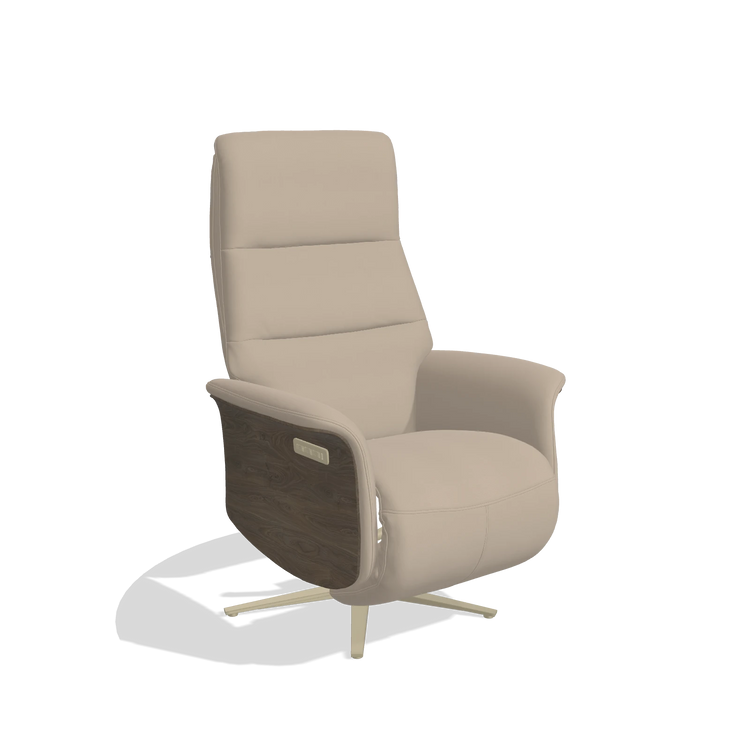 Recliner Atlas 6685 in Leather B911 (sand), walnut wood side panels, champagne metal base, angled view