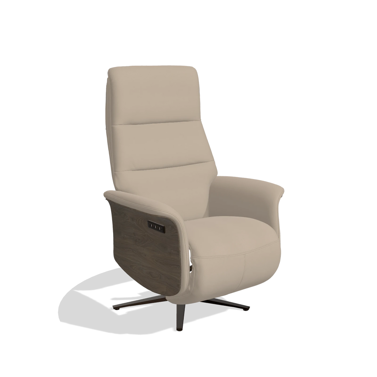 Recliner Atlas 6685 in Leather B911 (sand), walnut wood side panels, espresso metal base, angled view