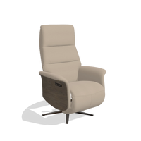 Recliner Atlas 6685 in Leather B911 (sand), walnut wood side panels, espresso metal base, angled view