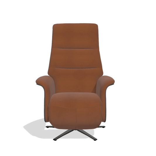 Sillón reclinable Atlas 6685 en Piel B912 (óxido), paneles laterales de madera en tabaco, base metálica en negro, vista frontal