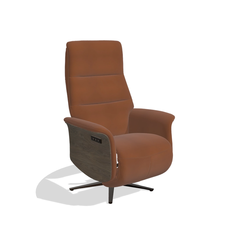 Fauteuil relax Atlas 6685 en Cuir B912 (rouille), panneaux latéraux en bois en noyer, pied en métal en espresso, vue de trois-quarts