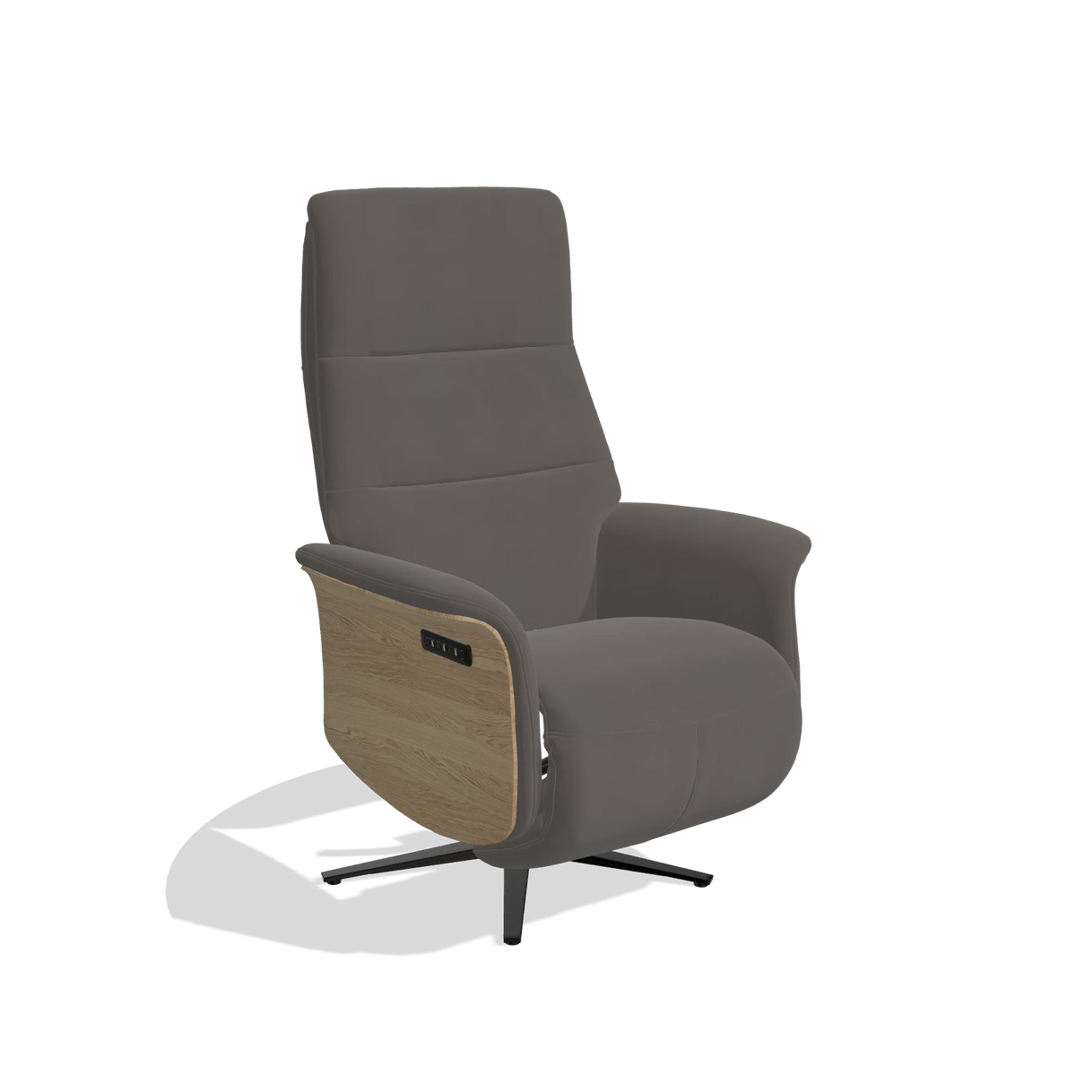Fauteuil relax Atlas 6685 en Cuir B918 (gris foncé), panneaux latéraux en bois en naturel, pied en métal en noir, vue de trois-quarts