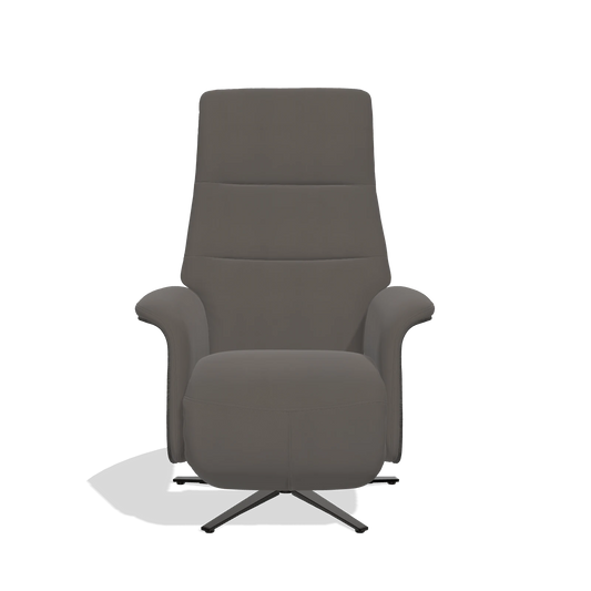 Sillón reclinable Atlas 6685 en Piel B918 (gris oscuro), paneles laterales de madera en tabaco, base metálica en negro, vista frontal