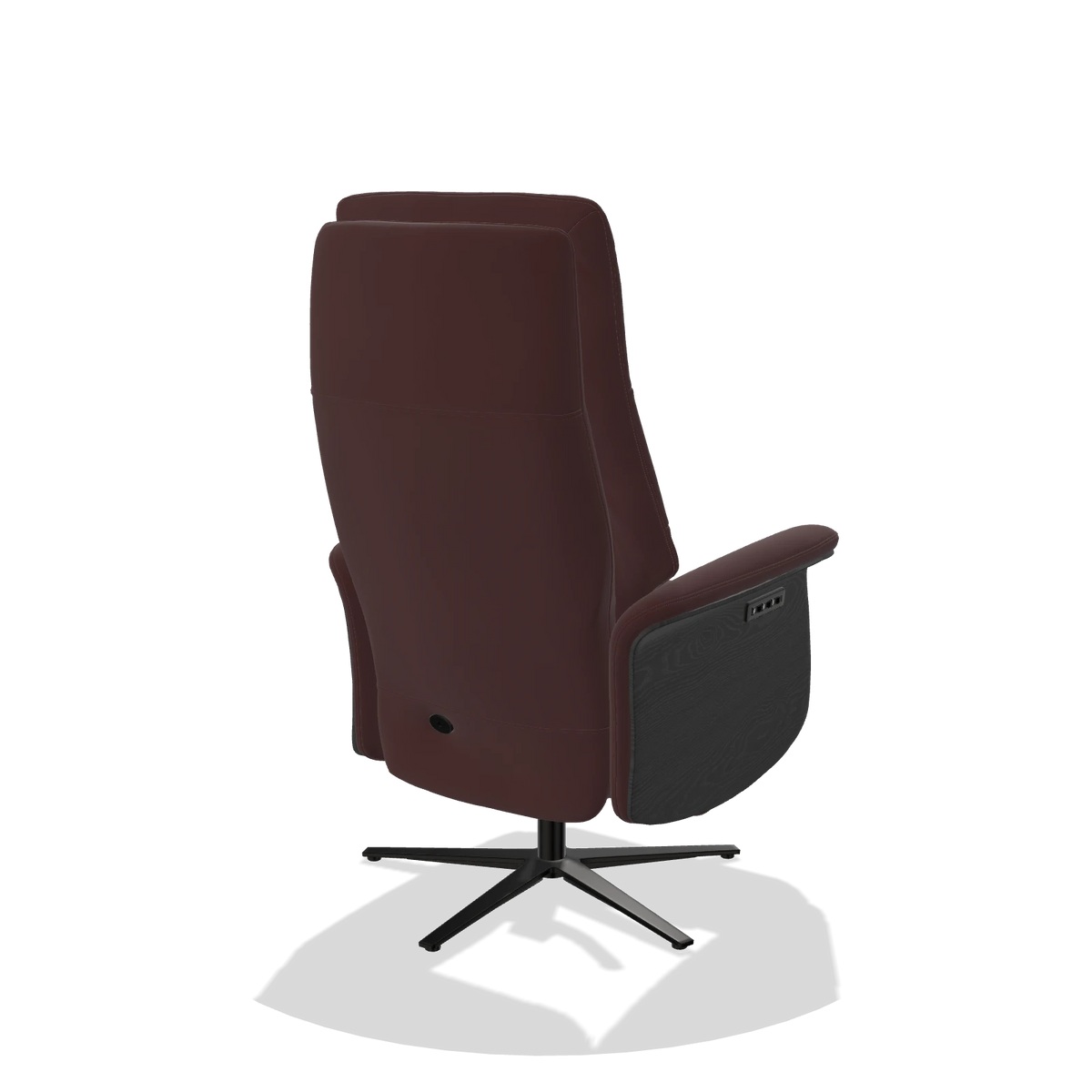 Recliner Atlas 6685 in Leather B938 (chocolate), black wood side panels, black metal base, back angled view