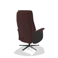 Recliner Atlas 6685 in Leather B938 (chocolate), black wood side panels, black metal base, back angled view