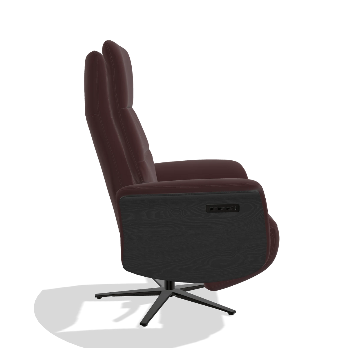 Recliner Atlas 6685 in Leather B938 (chocolate), black wood side panels, black metal base, side view
