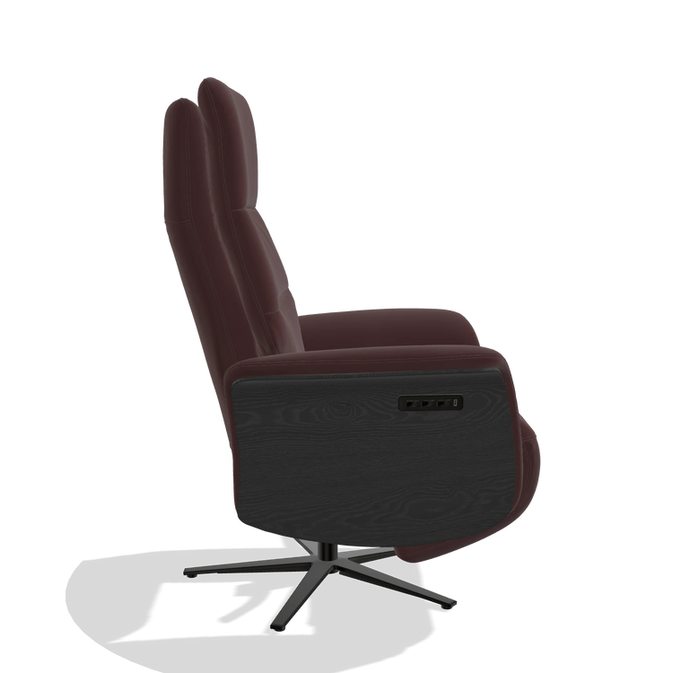 Recliner Atlas 6685 in Leather B938 (chocolate), black wood side panels, black metal base, side view