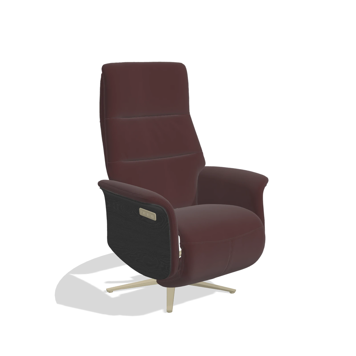Recliner Atlas 6685 in Leather B938 (chocolate), black wood side panels, champagne metal base, angled view