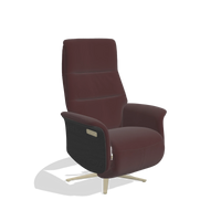 Recliner Atlas 6685 in Leather B938 (chocolate), black wood side panels, champagne metal base, angled view