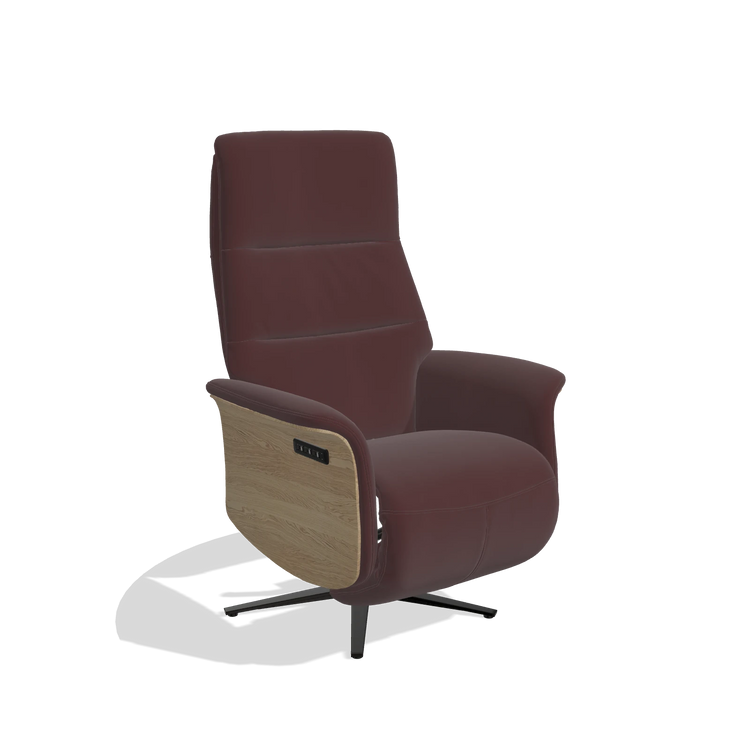 Recliner Atlas 6685 in Leather B938 (chocolate), natural wood side panels, black metal base, angled view