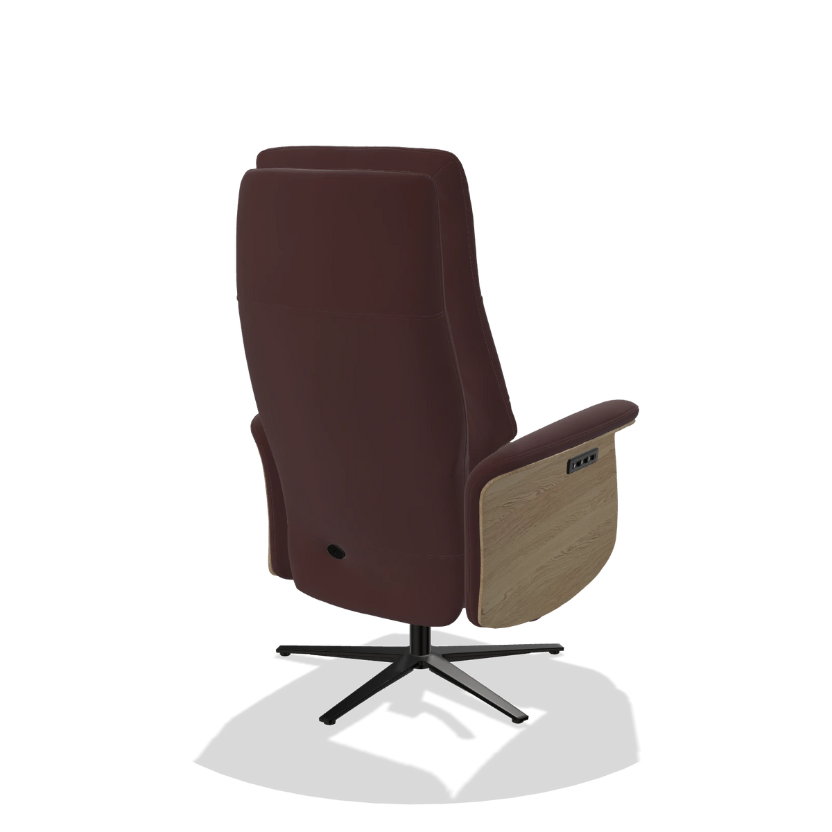 Recliner Atlas 6685 in Leather B938 (chocolate), natural wood side panels, black metal base, back angled view