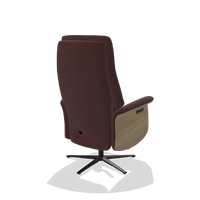 Recliner Atlas 6685 in Leather B938 (chocolate), natural wood side panels, black metal base, back angled view