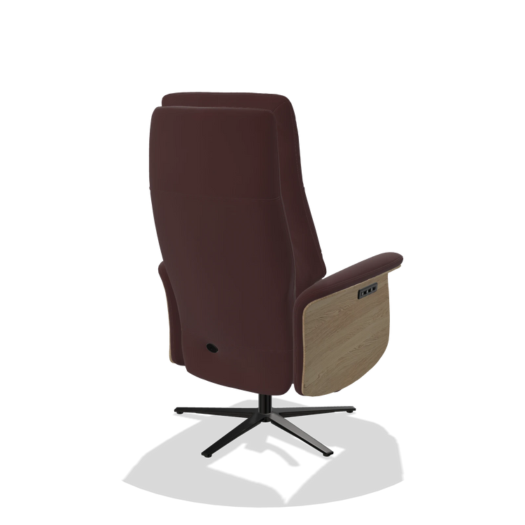 Recliner Atlas 6685 in Leather B938 (chocolate), natural wood side panels, black metal base, back angled view
