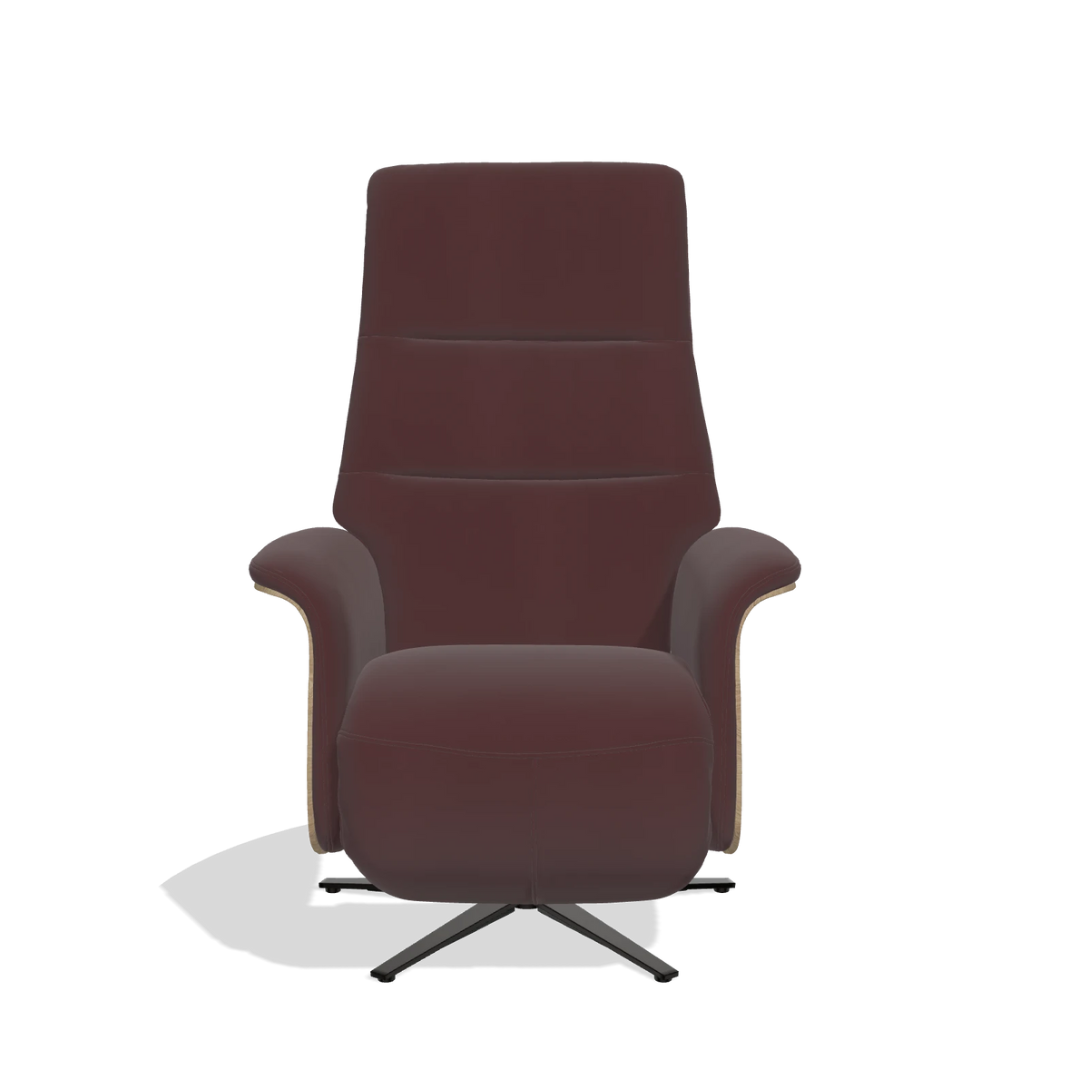 Recliner Atlas 6685 in Leather B938 (chocolate), natural wood side panels, black metal base, front view