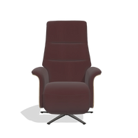 Recliner Atlas 6685 in Leather B938 (chocolate), natural wood side panels, black metal base, front view