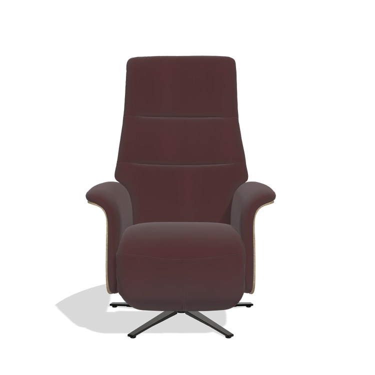 Recliner Atlas 6685 in Leather B938 (chocolate), natural wood side panels, black metal base, front view