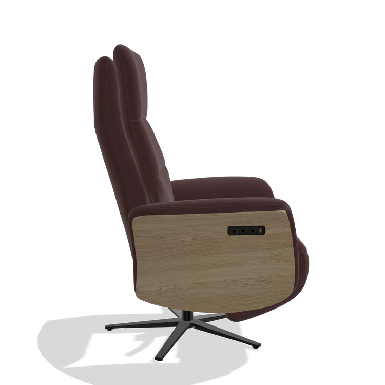 Recliner Atlas 6685 in Leather B938 (chocolate), natural wood side panels, black metal base, side view