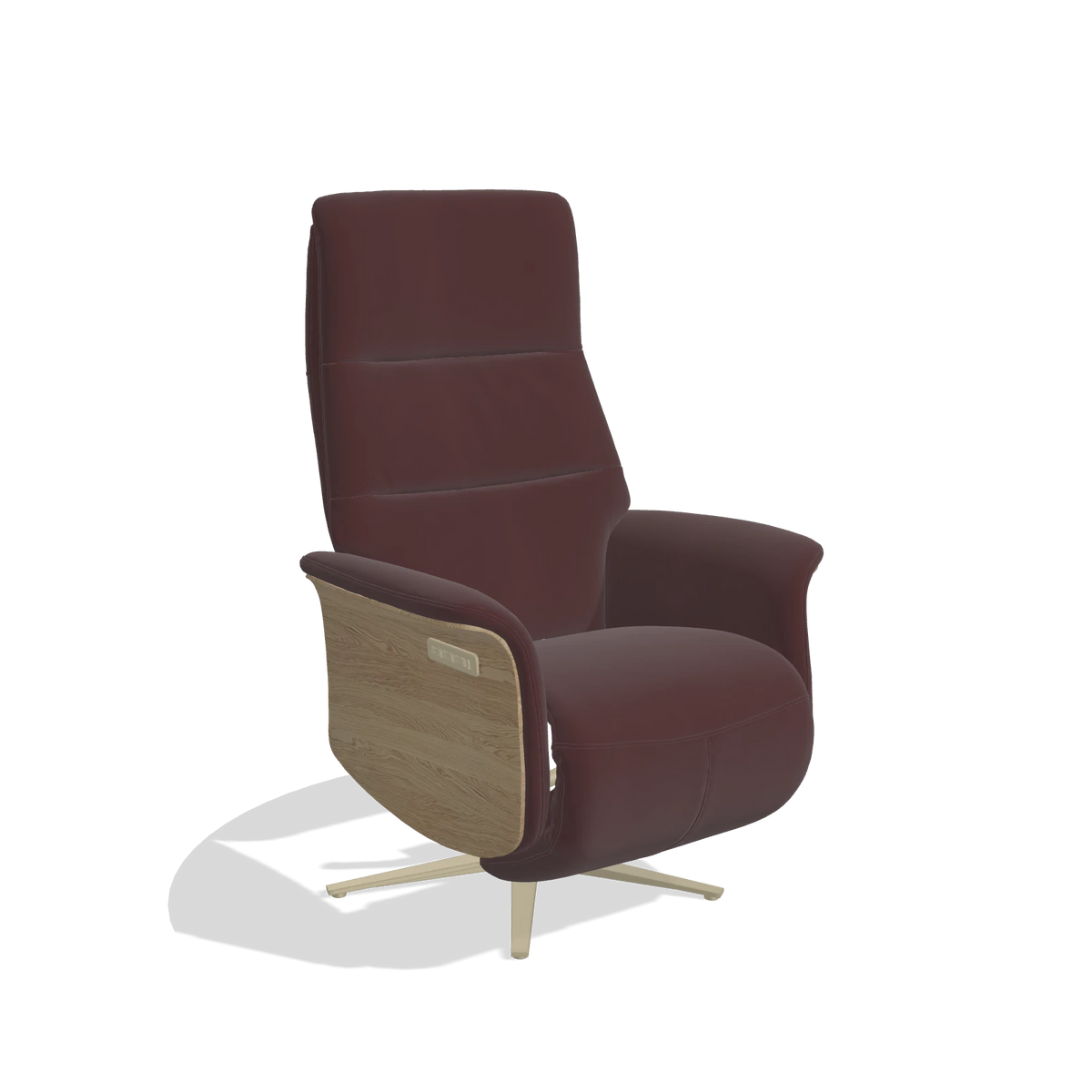 Recliner Atlas 6685 in Leather B938 (chocolate), natural wood side panels, champagne metal base, angled view