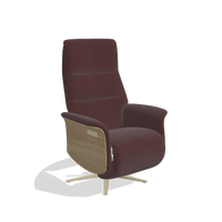 Recliner Atlas 6685 in Leather B938 (chocolate), natural wood side panels, champagne metal base, angled view