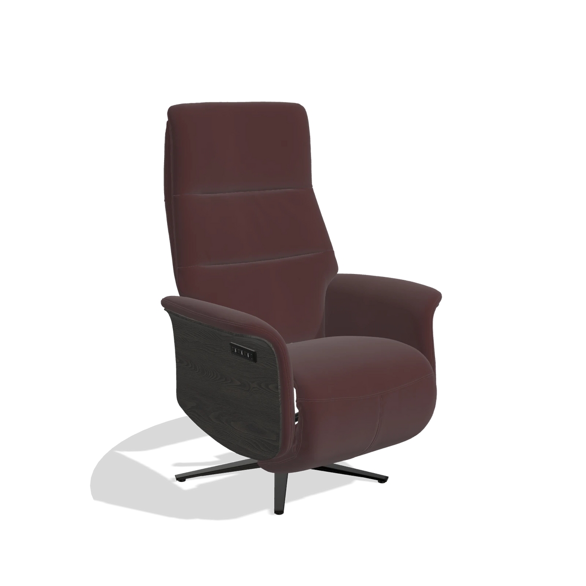 Recliner Atlas 6685 in Leather B938 (chocolate), tobacco wood side panels, black metal base, angled view
