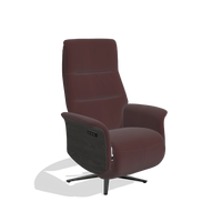Recliner Atlas 6685 in Leather B938 (chocolate), tobacco wood side panels, black metal base, angled view