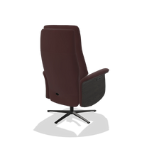 Recliner Atlas 6685 in Leather B938 (chocolate), tobacco wood side panels, black metal base, back angled view