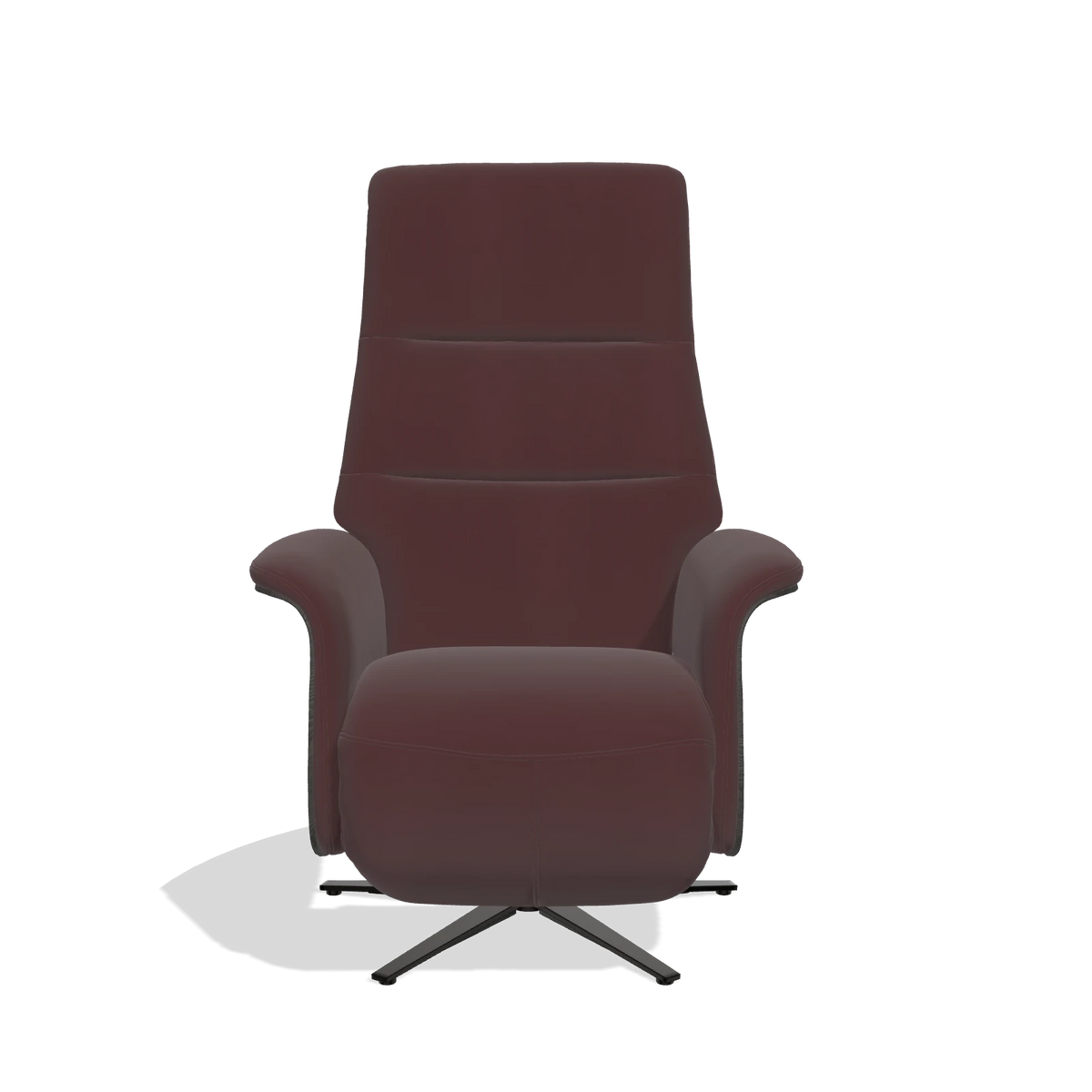 Recliner Atlas 6685 in Leather B938 (chocolate), tobacco wood side panels, black metal base, front view