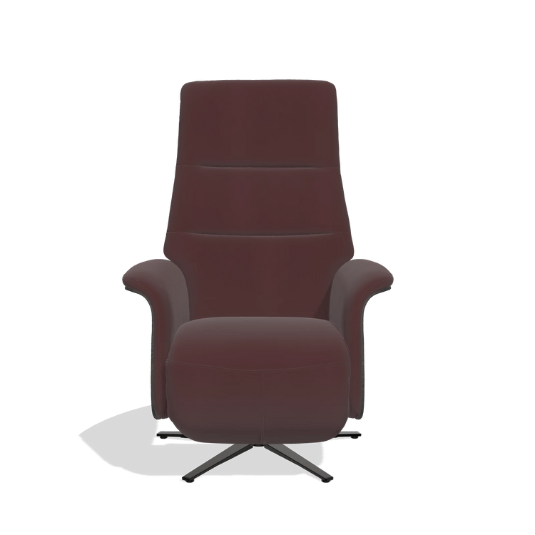Recliner Atlas 6685 in Leather B938 (chocolate), tobacco wood side panels, black metal base, front view