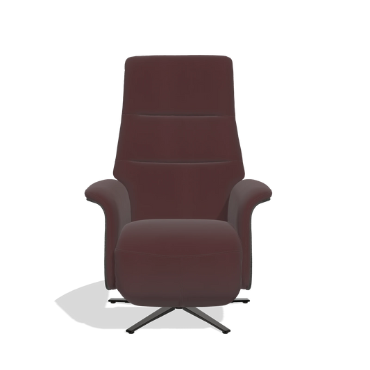 Sillón reclinable Atlas 6685 en Piel B938 (chocolate), paneles laterales de madera en tabaco, base metálica en negro, vista frontal